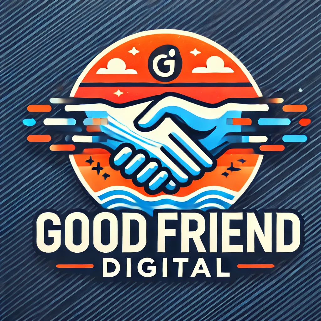 DALL·E 2024-12-10 21.40.03 - A creative and dynamic logo for 'Good Friend Digital'. The design features a handshake icon integrated with a digital wave or pixelated elements to sy